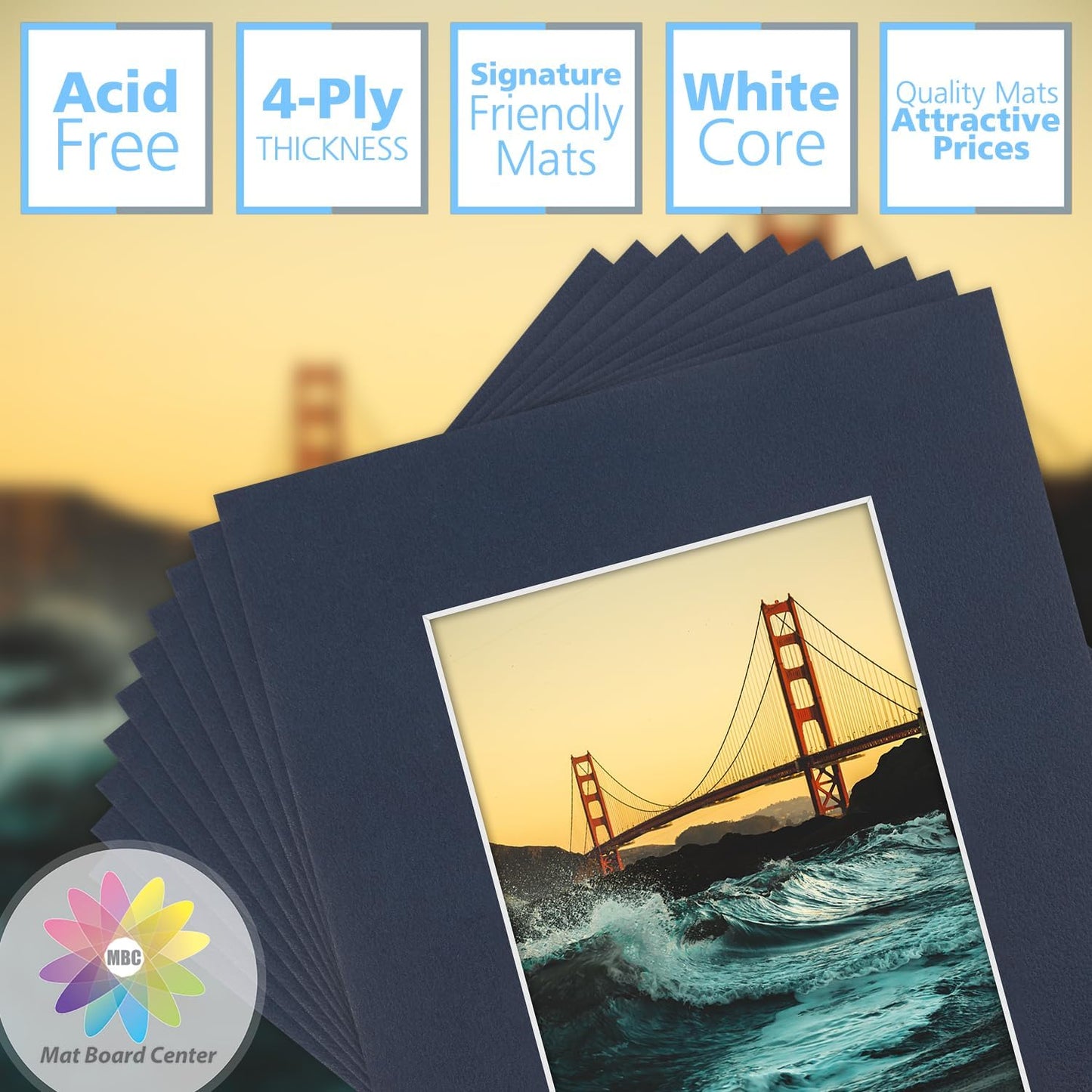 Mat Board Center, Pack of 10, 8x10 for 5x7 Dignity Blue Color Mats - Bevel Cut, Acid Free, 4-ply Thickness, White Core - for Pictures, Photos, Framing