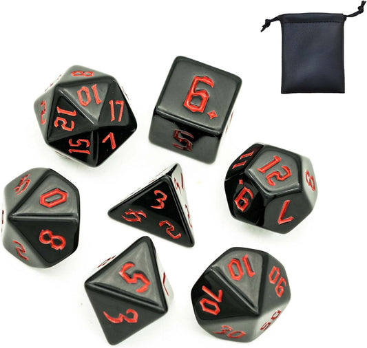 7-Die Polyhedral DND Dice Set, Black D&D Dice with Leather Pouch for Role Playing Games, Black with Red Number, D4 D6 D8 D10 D12 D20 D%