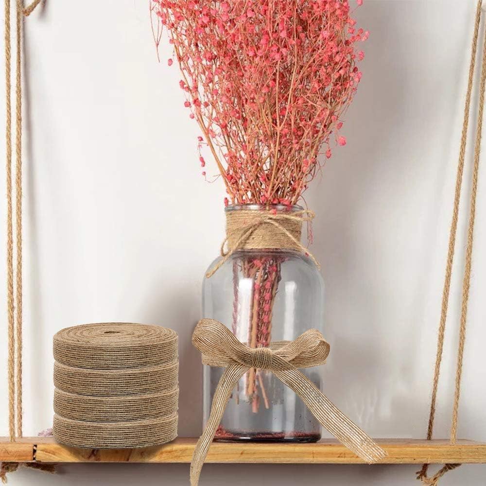 4 Rolls of Natural Burlap Fabric with Burlap Ribbon for Christmas Tree Gift Wrapping Wedding Event Party Home Bows Crafts Decoration, 11 Yards Long 0.8 inch Wide Each Roll (Natural)