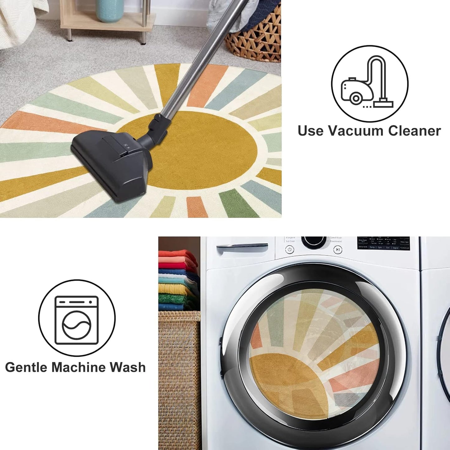 STARUIA Boho Washable Rug 5 Ft Round Area Rug for Bedroom, Rainbow Circle Kids Rug for Office, Non-Slip Circluar Carpet Soft Sunshine for Dorm Nursery Sofa Living Room Corner