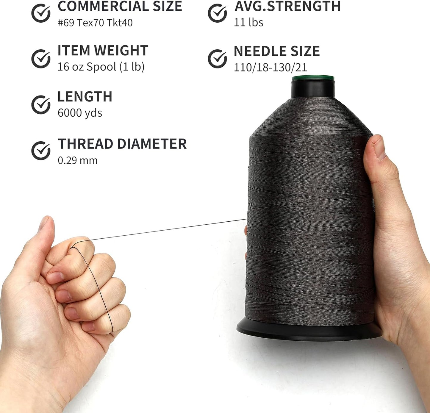 Extra Strong Bonded Nylon Thread #69 Tex70 – 16 OZ, 6000yds, Versatile Stitching Solution for Leather, Upholstery, Canvas Repair and More (Dark Gray)