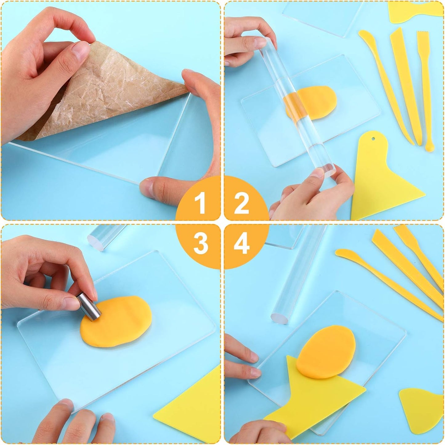 Honoson 24 Pcs Clay Sculpting Tools Kits Polymer Clay Tools DIY Set with Roller, Acrylic Sheet, Scraper Backing Board, Round Circle Shape Cutter, Shaping for Art Craft(Yellow)