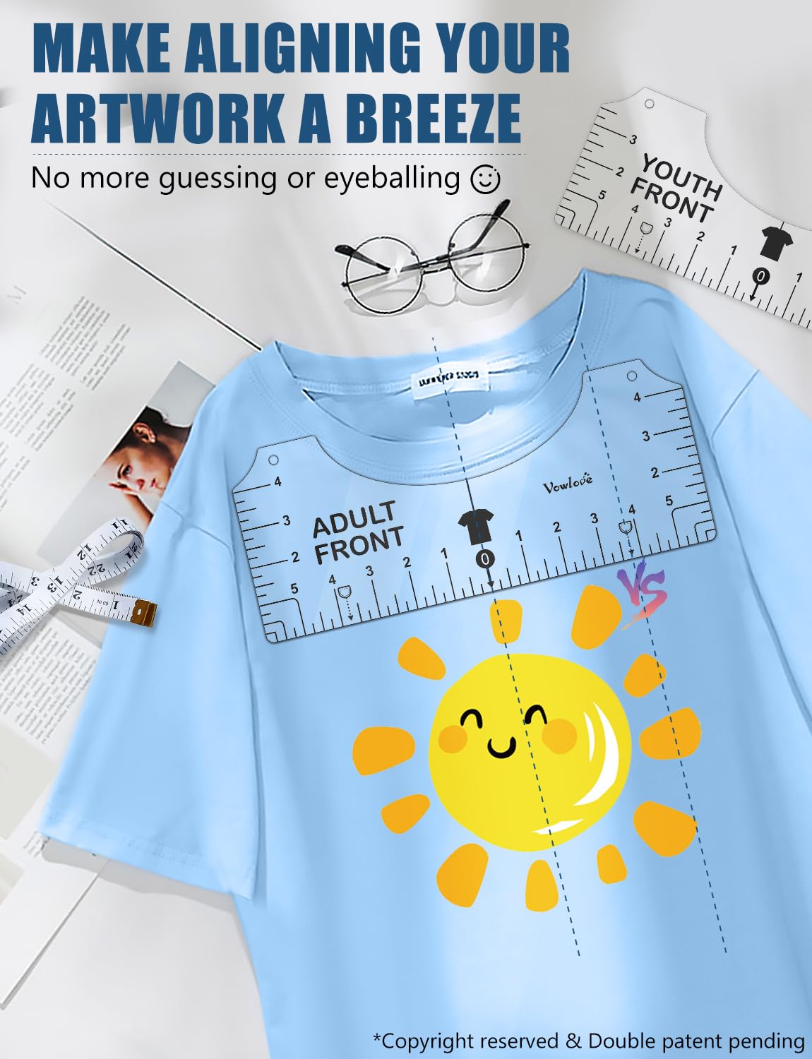 Vowlove Tshirt Ruler Guide Vinyl Alignment - T Shirt Measure Ruler Guide Shirt Measurement Centering Tool Heat Press Screen Printing Embroidery Accessories Sublimation Blanks Product V-Neck Front Back