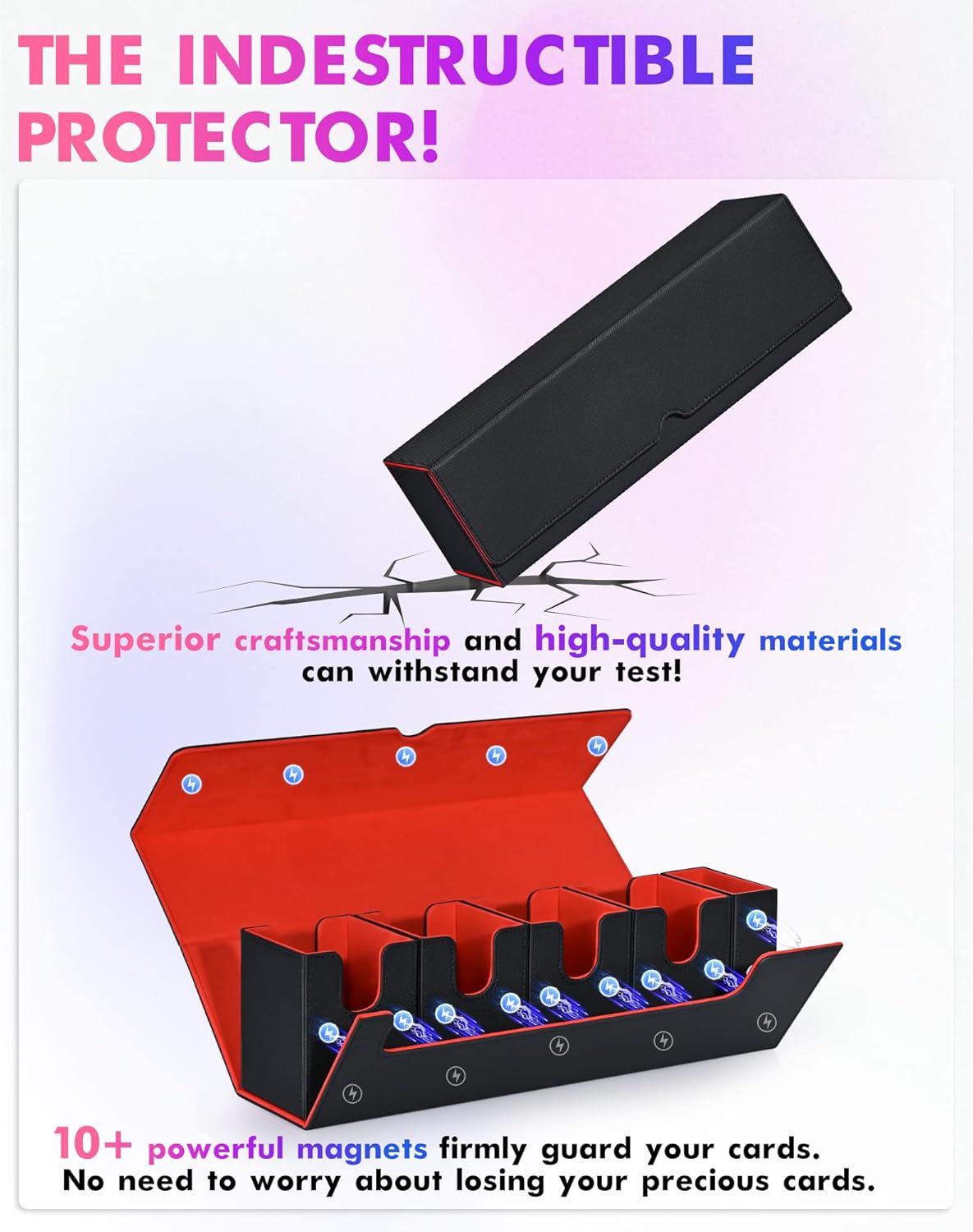 Card Deck Box with Dice Tray for MTG, 5 in 1 Card Deck Case Holds 800+ Unsleeved Cards, Strong Magnet Organizer Compatible with Yugioh TCG Sports Cards (Black Red)