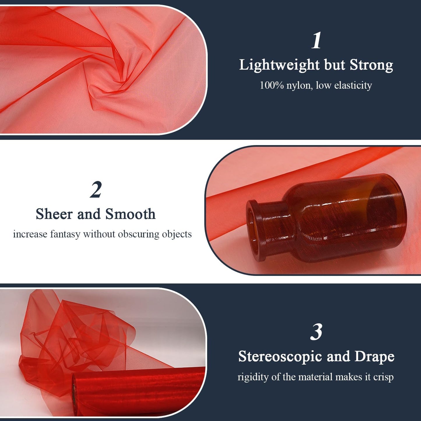 Red Organza Tulle Fabric Rolls, Crystal Organza 12" by 50 Yards (150 ft) Sheer Nylon Silky Shiny Netting Spool Bolt for DIY Craft Table Runner Wedding Baby Shower Party Decor (Red)