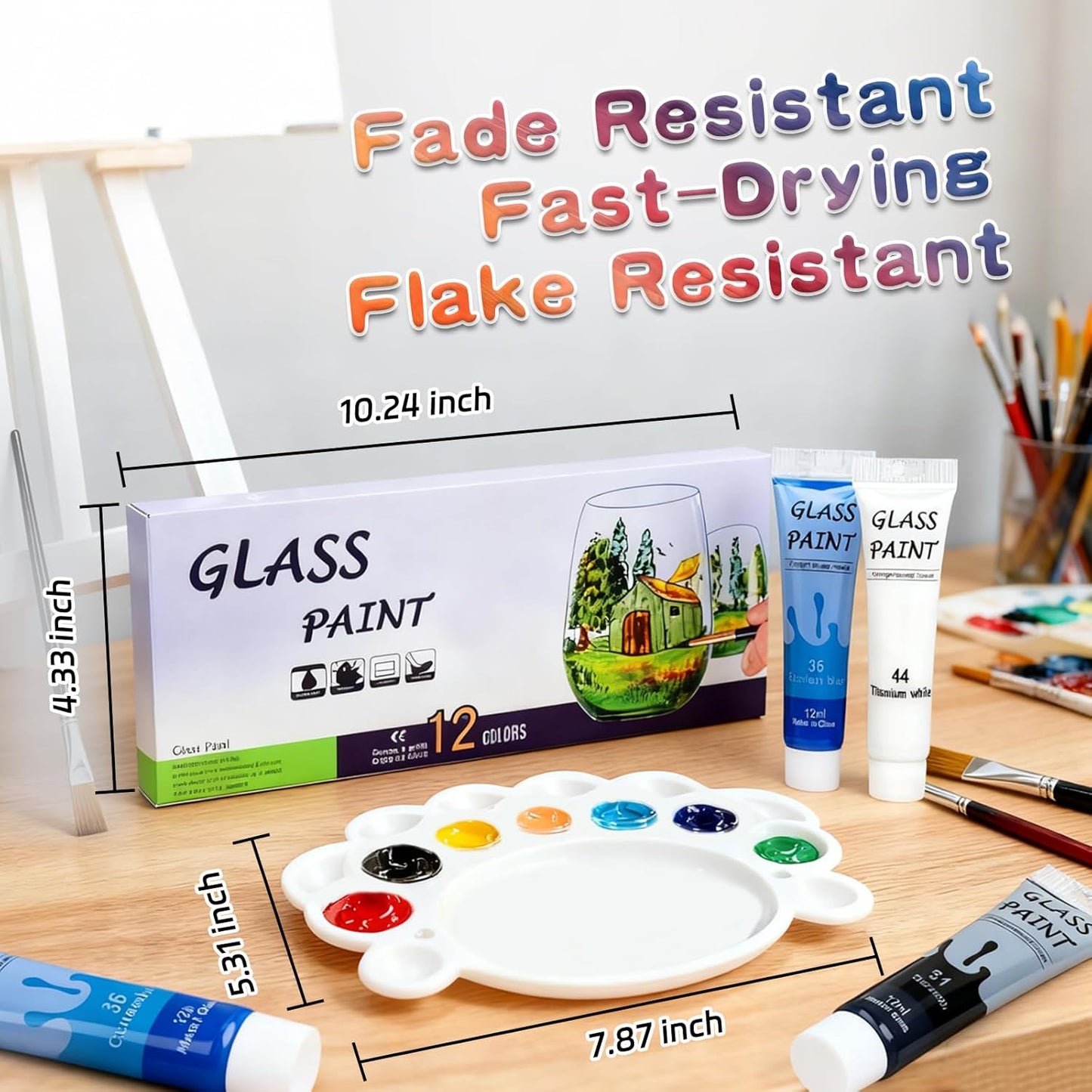 Magicdo Glass Paint Stained Transparent Glass Window Paint Set Great for Glass Painting, Wine Glasses, Light Bulbs, Ceramic, Non-Toxic, Waterproof, Halloween Art Decor(12 Colors x 12ml with Palette)