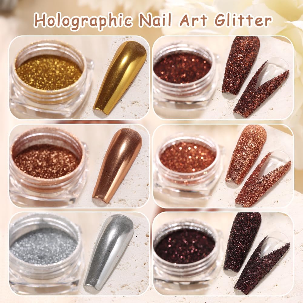Chrome Nail Powder Metallic Mirror Effect Pigment Dust, Champagne Golden Ultra Fine Holographic Glitter Powder Reflective Pigment for DIY Gel Polish Nail Art, Resin Craft
