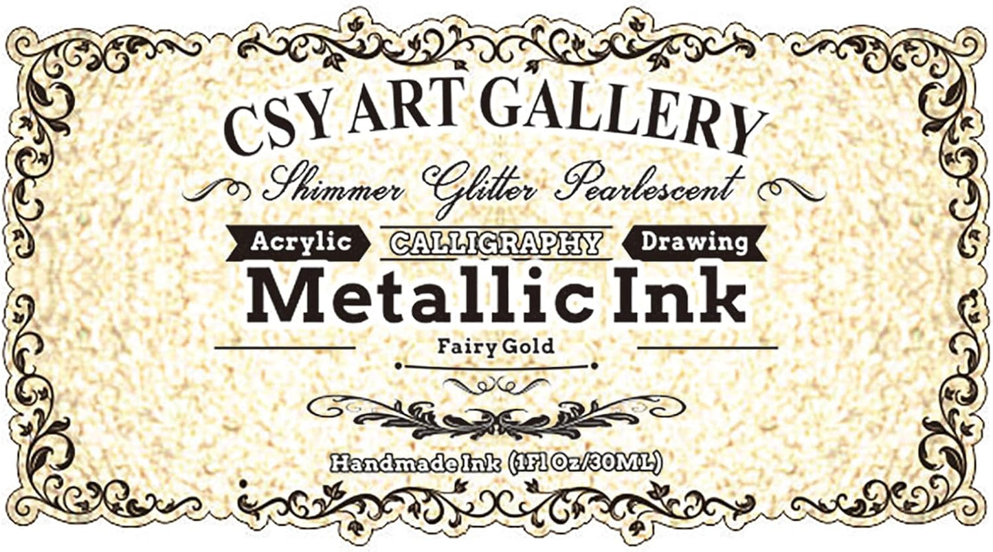 CSY Art Gallery Metallic Acrylic Paint Set-1-oz (30 ml) -Liquid Inks-Golden Permanent Calligraphy Ink for Artists,Canvas, Rocks,Wood, Fabric,Ceramic(Fairy Gold)