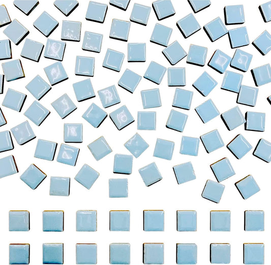 100 Pieces Ceramic Mosaic Tiles 3/5" Square Shapes Mosaic Ceramic Pieces Stained Ceramic Tiles Supplies for Crafts Beginner Mosaic Project Stepping Stones Mosaic Birdhouse Decor - Light Blue