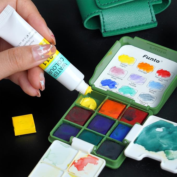 Funto Mini Watercolor Travel Set, Travel Kit with 2 Foldable Palettes, 9 Colors, Mini Color Paint Set for Creative Artists