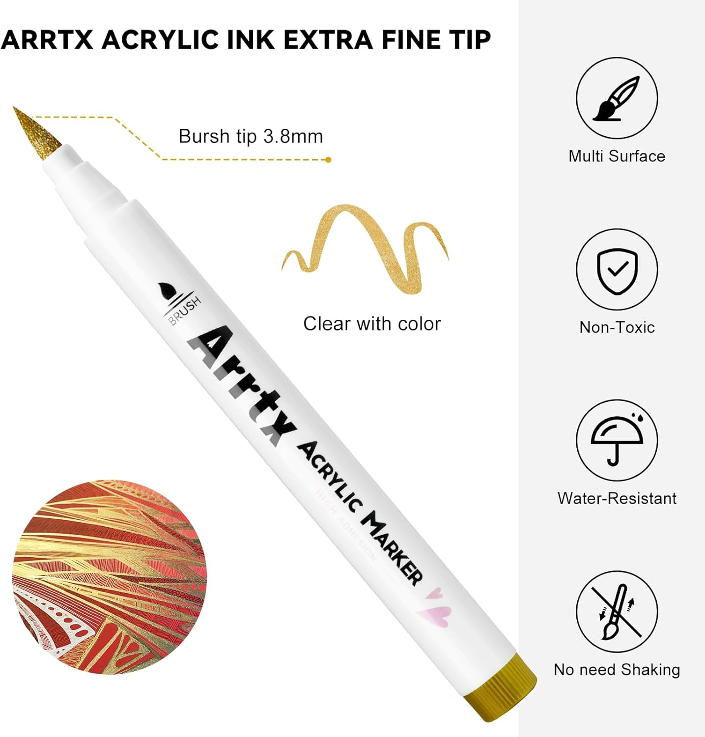 Arrtx Acrylic Paint Pens, 10 Pack Extra Brush Tip White Paint Markers Metallic for Rock Fabric Wood Glass Canvas Ceramic, 4 White 4 Black 1 Gold & 1 Silver, Water Based Ink, DIY Crafts