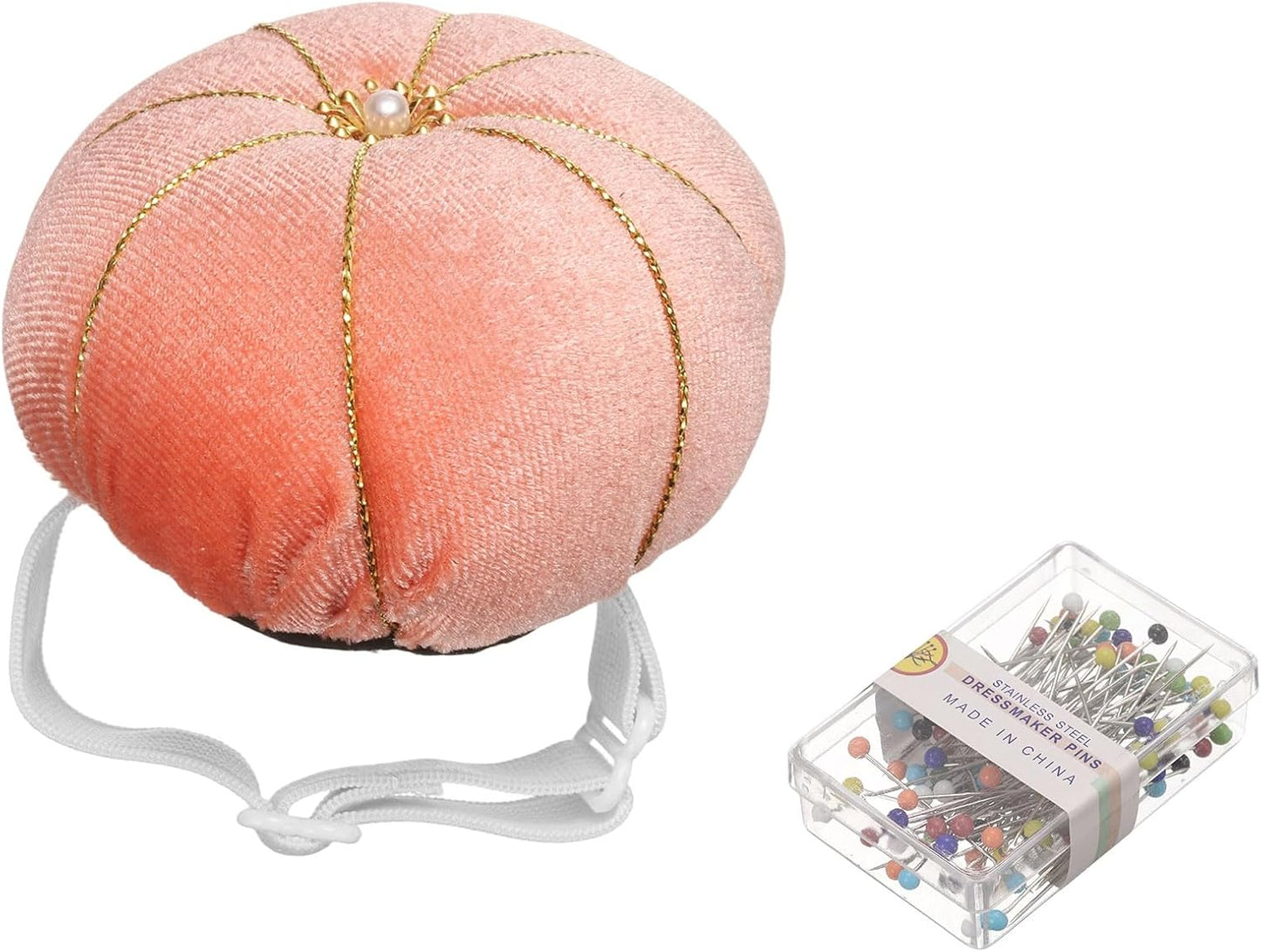 HARFINGTON Wrist Pin Cushion Wristband Sewing Pincushion Polyester Pin Holder Wearable Pumpkin Shaped Needles Wristband with 100 Head Needles for Sewing Quilting DIY Crafts, Orange