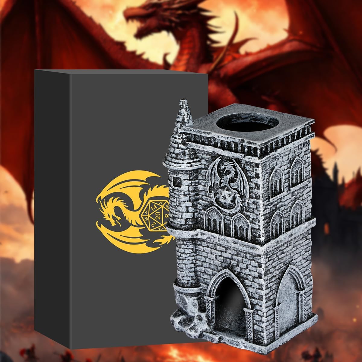 D&D Castle Dice Tower for All Dice Sizes, 3D Resin Rolling Trays, Fantasy Tabletop Game Accessories, Dragon Dice Tower Portable, Perfect for DND RPG, Gifts for Player (Dice Not Included)
