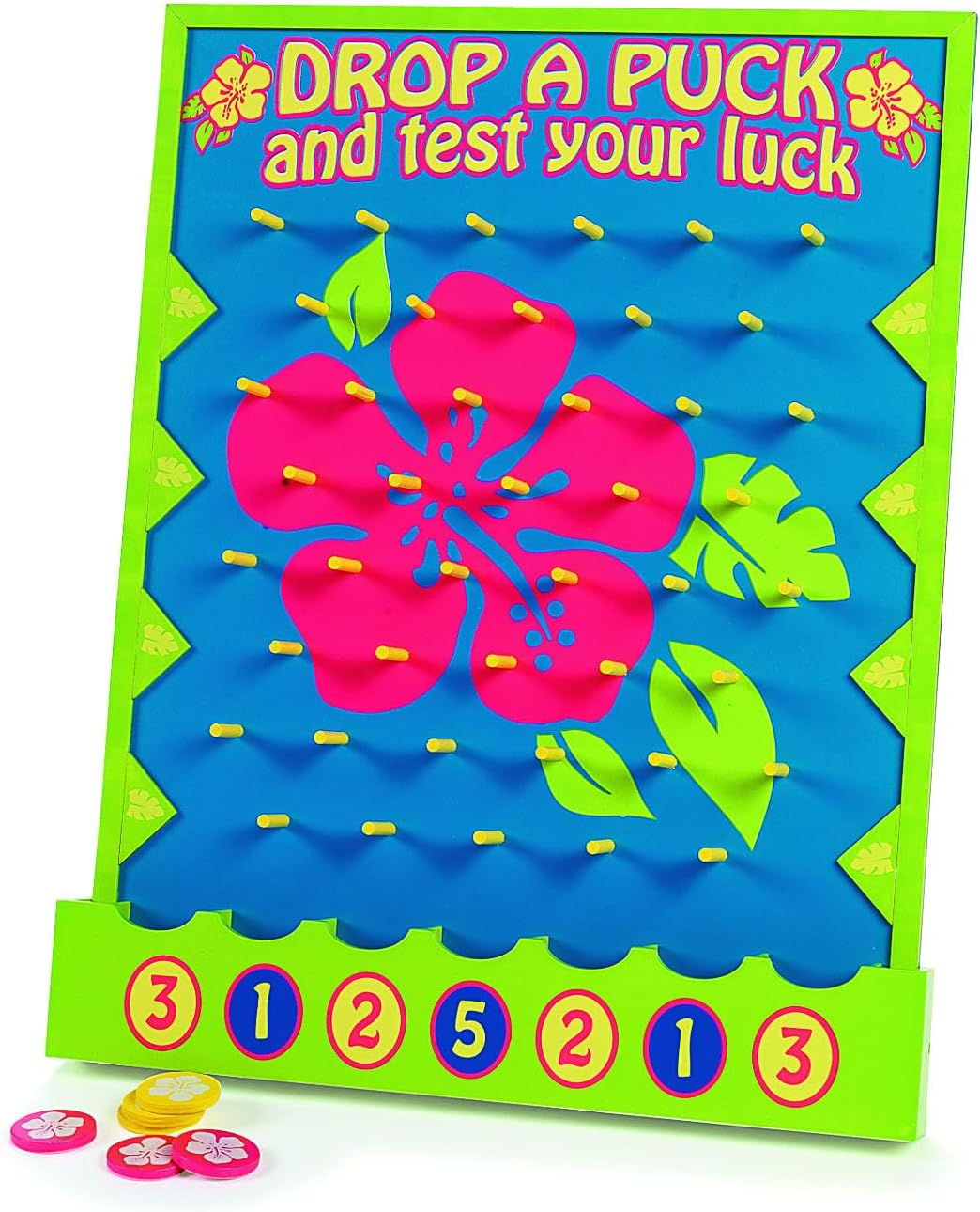 Fun Express 16" x 20" Tropical Luau Multicolor Wood Tabletop Disc Drop Game - 8 Pieces in Set - Great for Vacation Bible School, Birthday Parties and Luaus