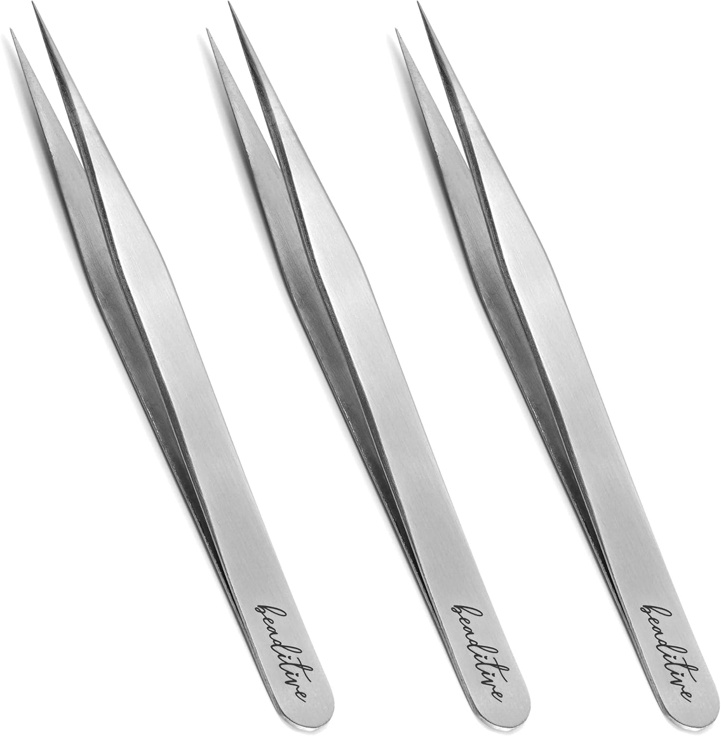 Beaditive High Precision Tweezers 3 Pack - 4.7" Craft Tweezers for Sewing, Beading & DIY Crafts - Non-Serrated Jewelry Tweezer Set with Fine Point Tips - Stainless Steel Needle Nose Hobby Tweezers