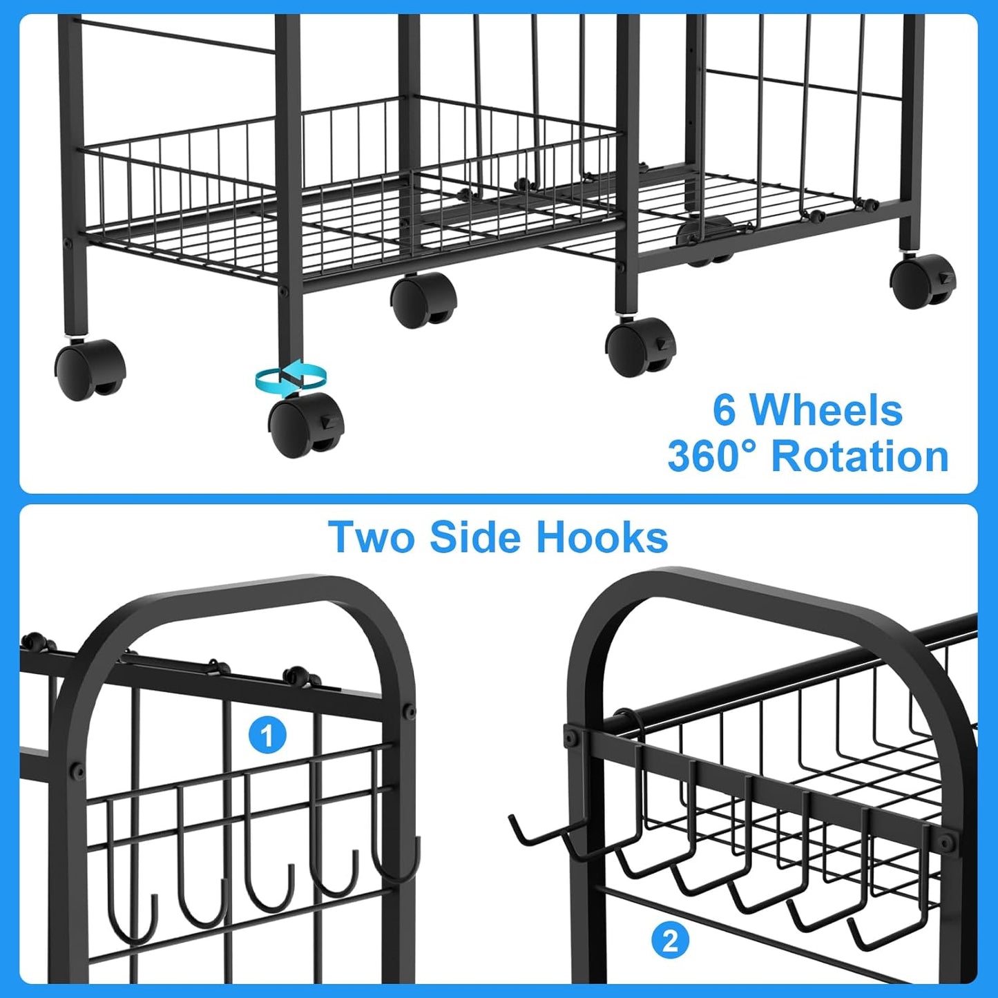 Ball Storage Rack, Sports Ball Storage Cart with 6 Wheels, Elastic Strap, Removable Basket, Hooks, Sports Equipment Organizer For Garage, Children's Room, Court, School, Small Gym, Outdoor