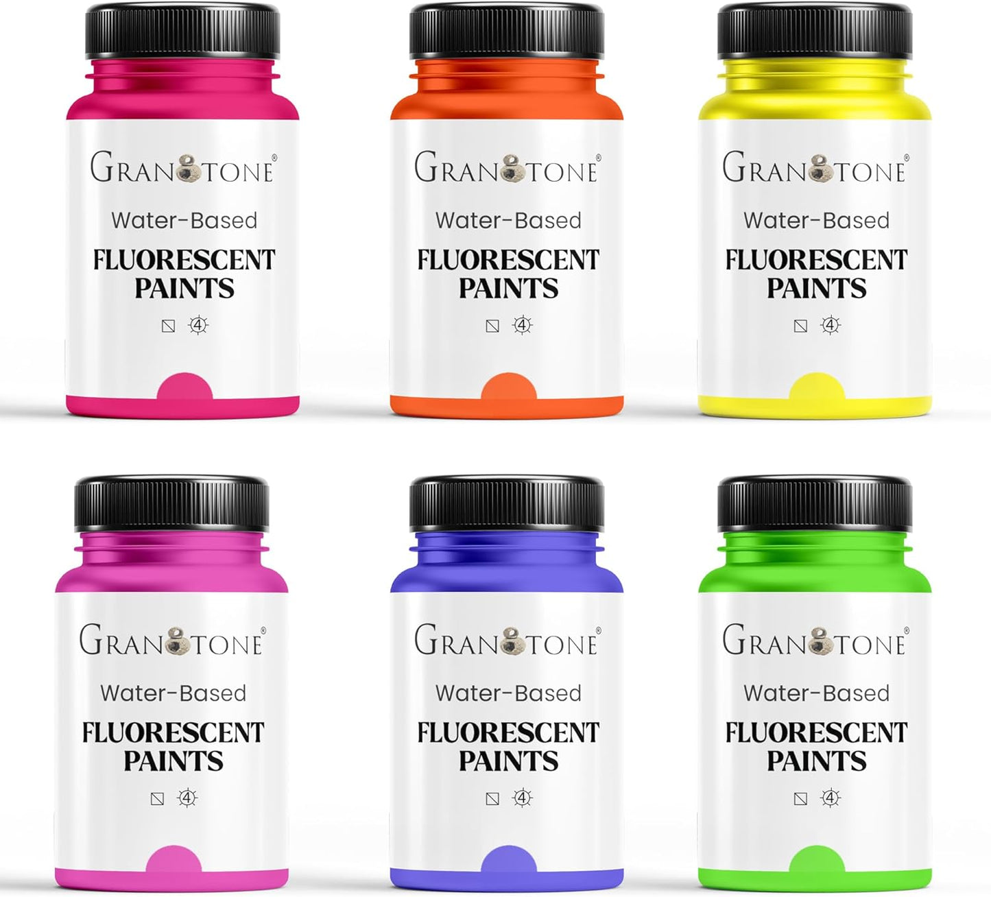 GRANOTONE Neon Fluorescent Acrylic Paint Set - 6 Colors, 4 oz Each | Glows in Black Light | Non-Toxic & Vibrant Paint | Ideal for Art, Crafts, Kids, & Hobbyists | Made in India