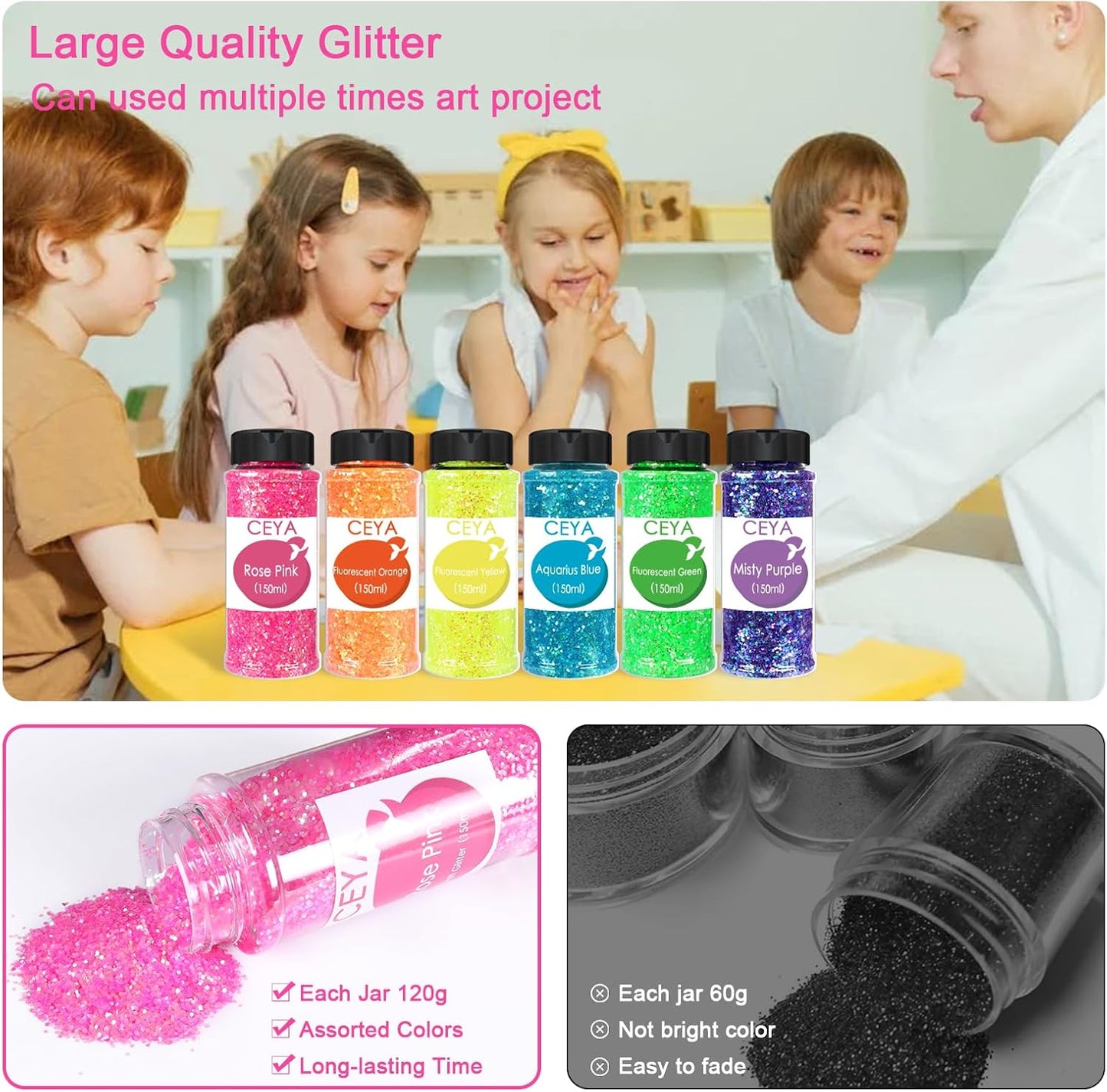 Ceya Bulk Chunky Glitter 6 Assorted Colors, 4.23OZ Each Jar Iridescent Crafts Glitter Set, 1/24” Medium Size Nail Sequins for School Classroom Art,DIY Craft Slime,Blue,Pink,Orange, Green,Yellow,Purple