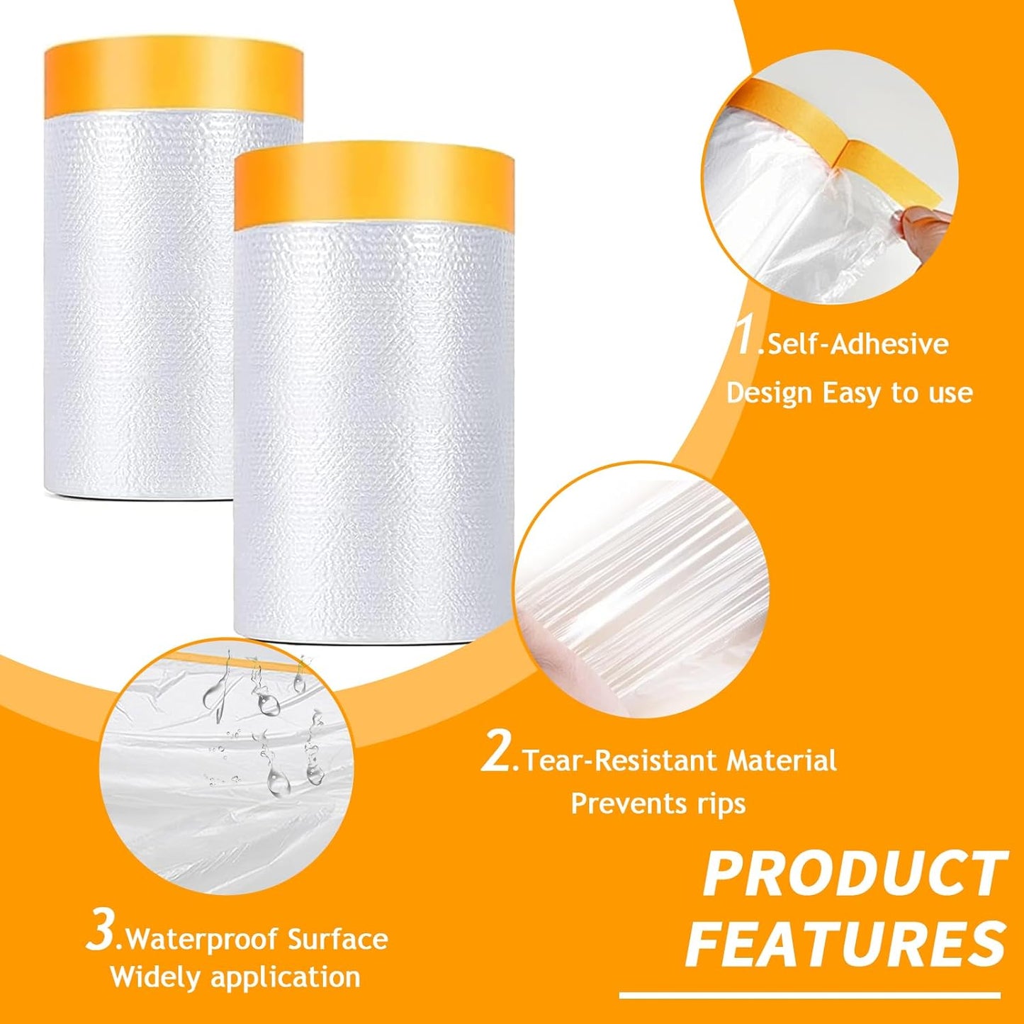 Painters Plastic with Tape 22" x 66',Pre-Taped Masking Film for Painting,Paint Protection Film with Built-in Tape, Drip-Free Painting for Cars,Walls, Floors, Furniture（2 Rolls）