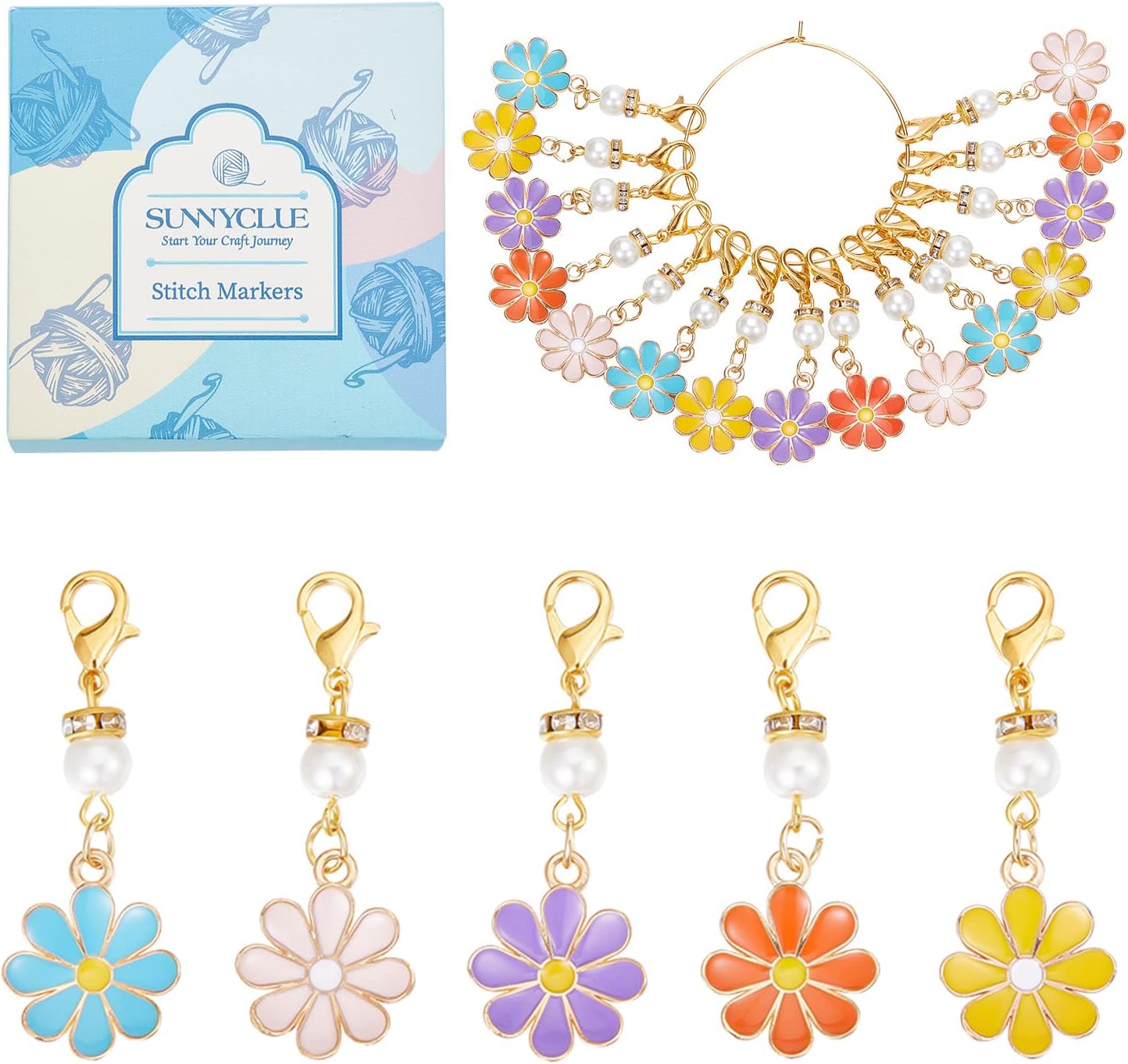 SUNNYCLUE 1 Box 30Pcs Stitch Markers Crochet Stitch Marker Daisy Flower Charms Pearl Beads Zipper Pull Clip On Removable Lobster Claw Clasp Charm Locking Knitting Markers for Weaving Sewing Quilting