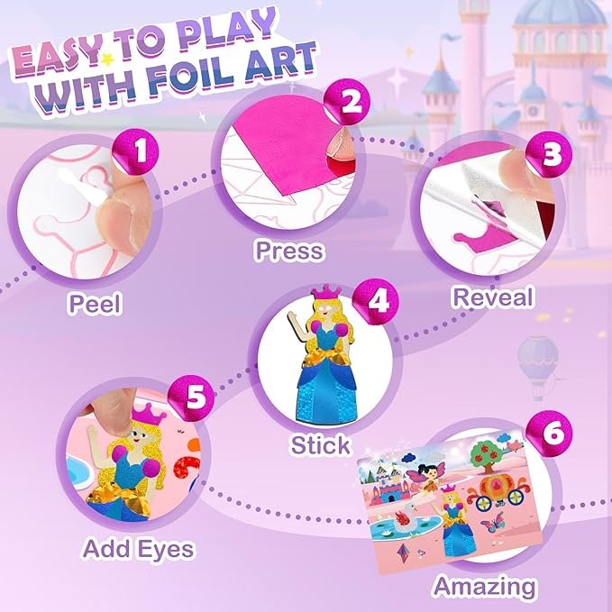 Foil Arts and Crafts for Kids Ages 4-8, No Mess Princess Fun Foil Art Craft Supplies Kits, DIY Creative Activity Coloring Books,Christmas Stocking Stuffers,Gifts for 4 5 6 7 8 9 10 Year Old Girls Boys