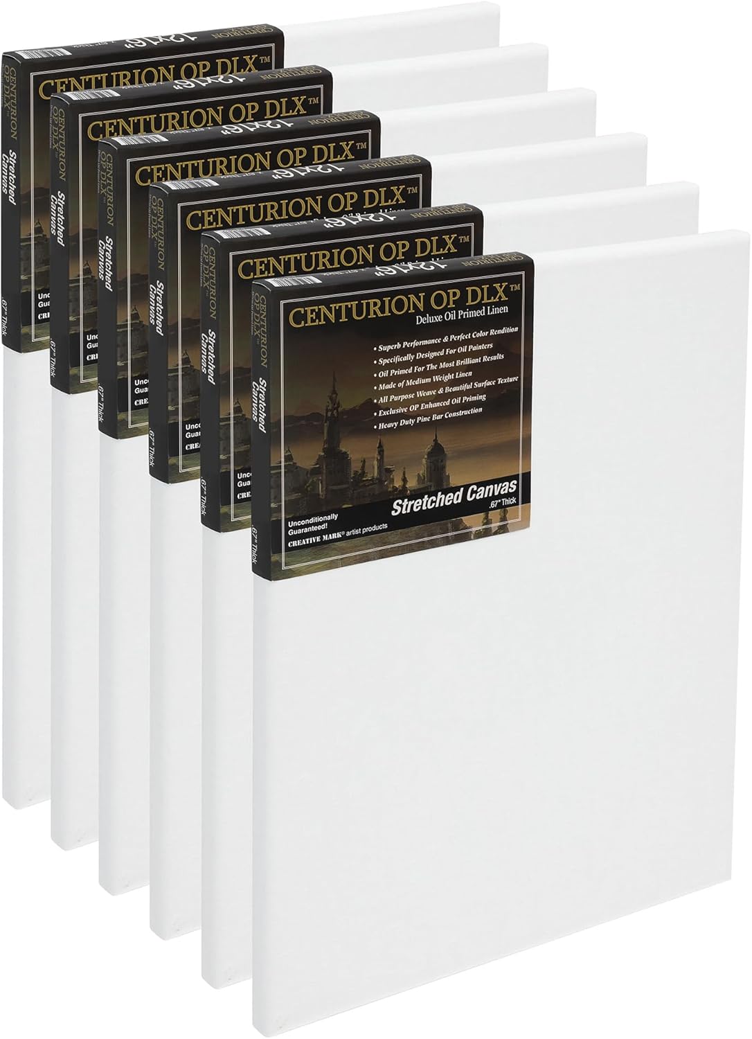 Centurion Deluxe Professional Oil Primed Linen Stretched Canvas, 11oz Linen, 12x24 - Box of 6, 0.67" Deep Canvases, Kiln-Dried Stretchers, Back Stapled, Premium Medium Weight Canvas for Oil Paintings