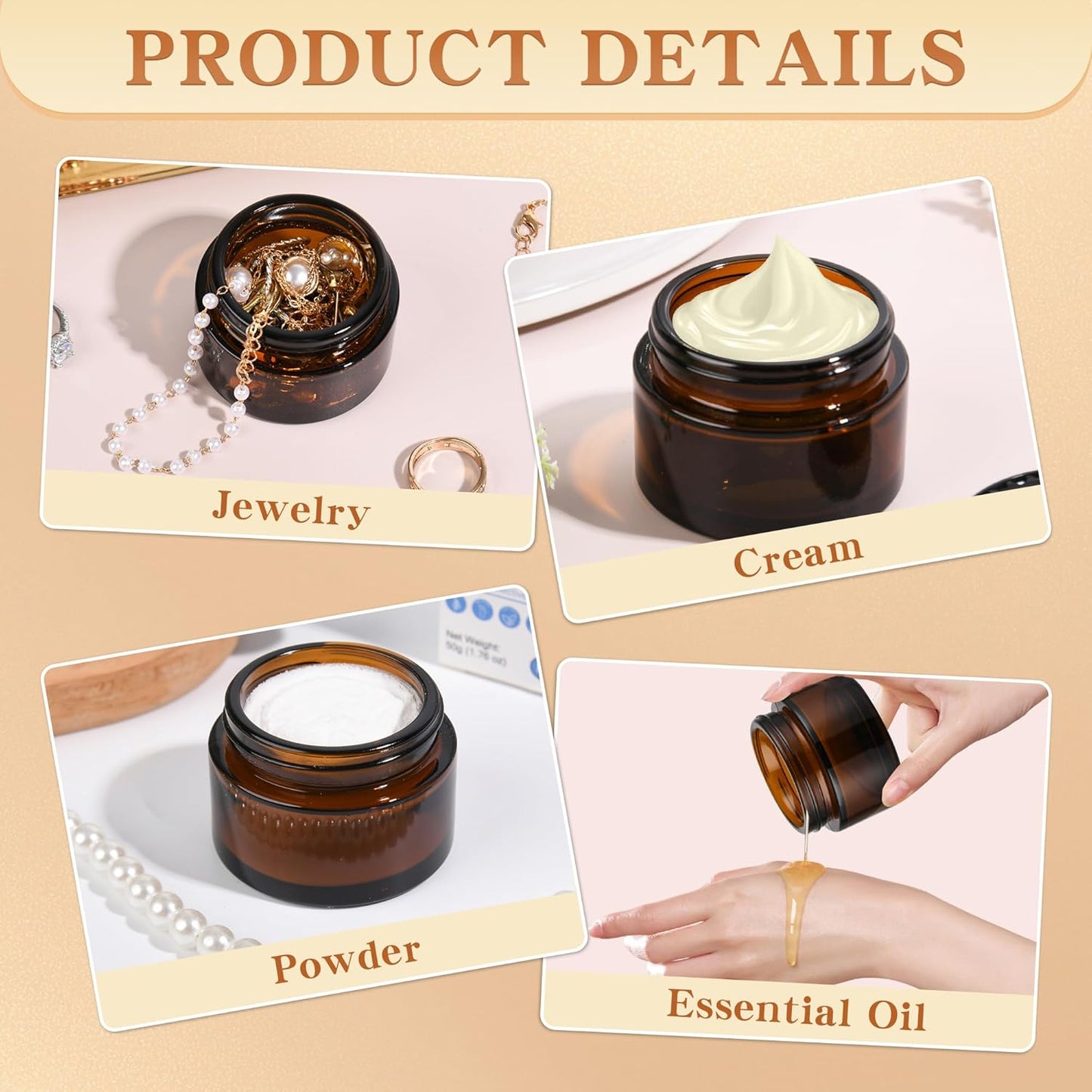 Glass Jars with Lids,Eco-Friendly Cosmetic Containers with Airtight Black Lids & Liners, Multi-Color Options for Cream, Lotion, Body Butter, DIY Skincare Travel Jars (Amber, 1oz)