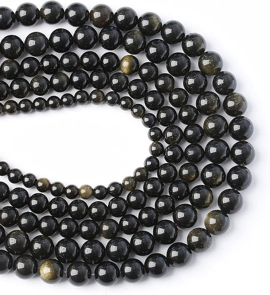 AAA Natural Gold Obsidian Gemstone Beads Energy Healing Power Stones Round Loose Beads for Jewelry Making, DIY Bracelet Necklace 10mm 38pcs
