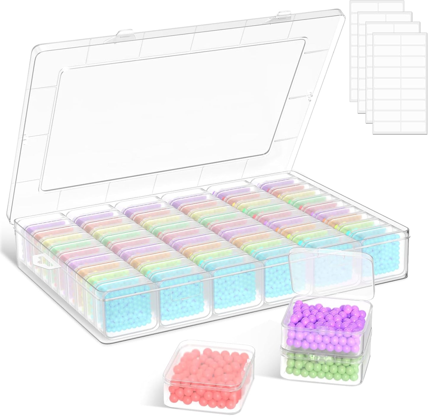 Mathtoxyz Extra Large Bead Organizer, 122 PCS Small Plastic Craft Storage Box with Hinged Lid and Labels Clear Bead Organizers and Storage Boxes for Jewelry, Diamonds, Bracelet Making DIY
