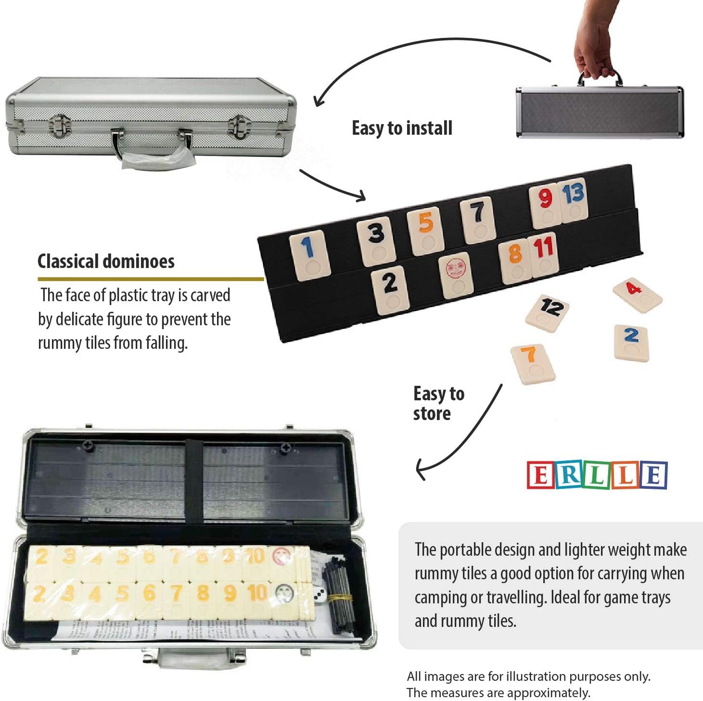 ERLLE - 106 Rummy Tiles Game Set with Aluminum Case. Deluxe Rummy Cube Game for Adults & Families, Includes 4 Anti-Skid Racks, Dice. Travel Board Game for 2-4 Players, Colorful Melamine Tiles.