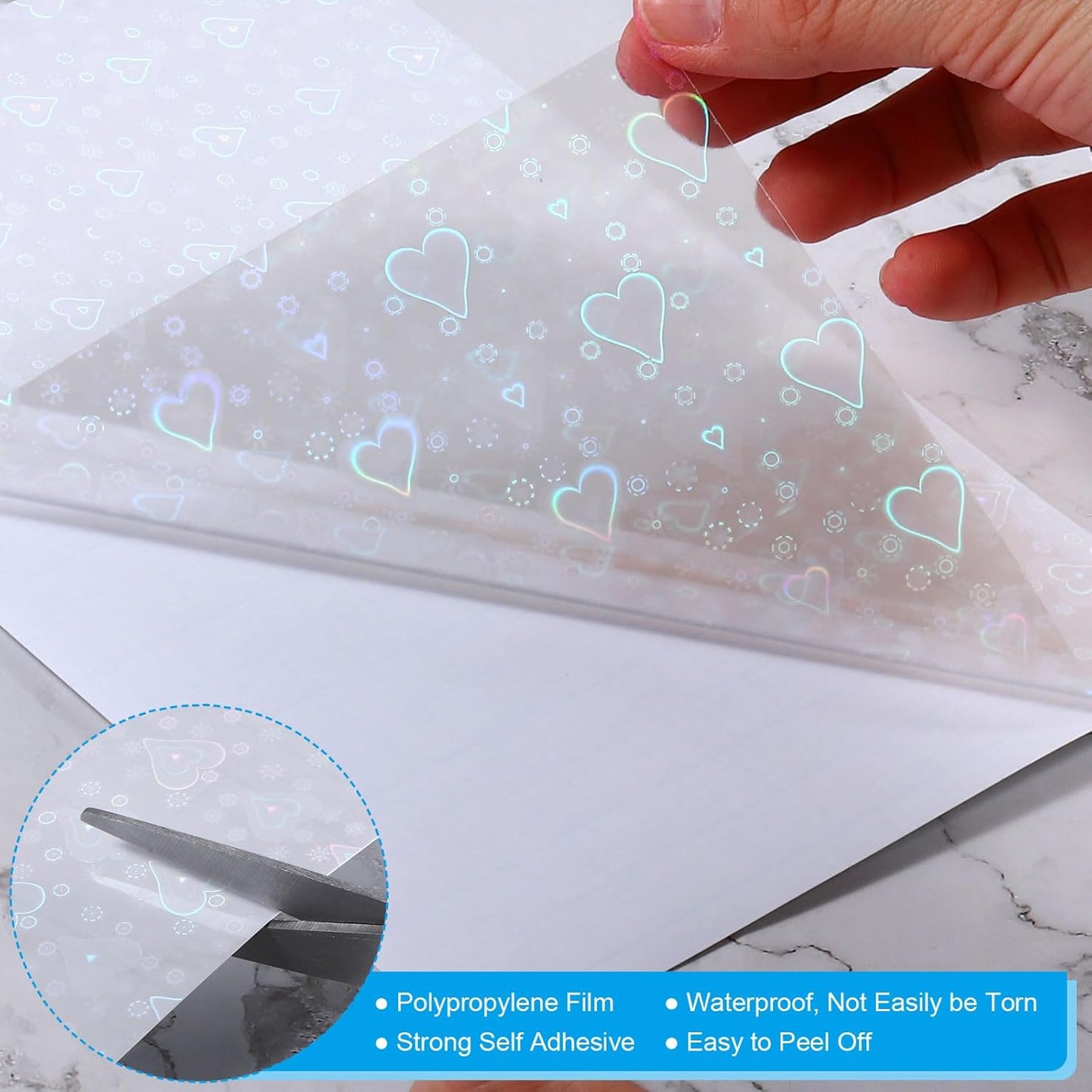 PATIKIL 11.7x8.3" Holographic Sticker Paper, 20Sheets A4 Polypropylene Self-Adhesive Transparent Waterproof Laminate Overlay Film for Photo Cards Scrapbook Decorations, Heart
