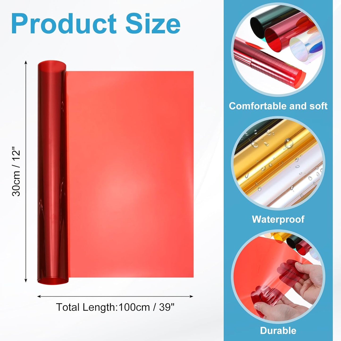 MECCANIXITY Iridescent Window Film,12" x 39" Iridescent Holographic PVC Fabric Dichroic Film Clear Vinyl Paper Roll for DIY Craft Gift Wrapping Bag Decoration,Red