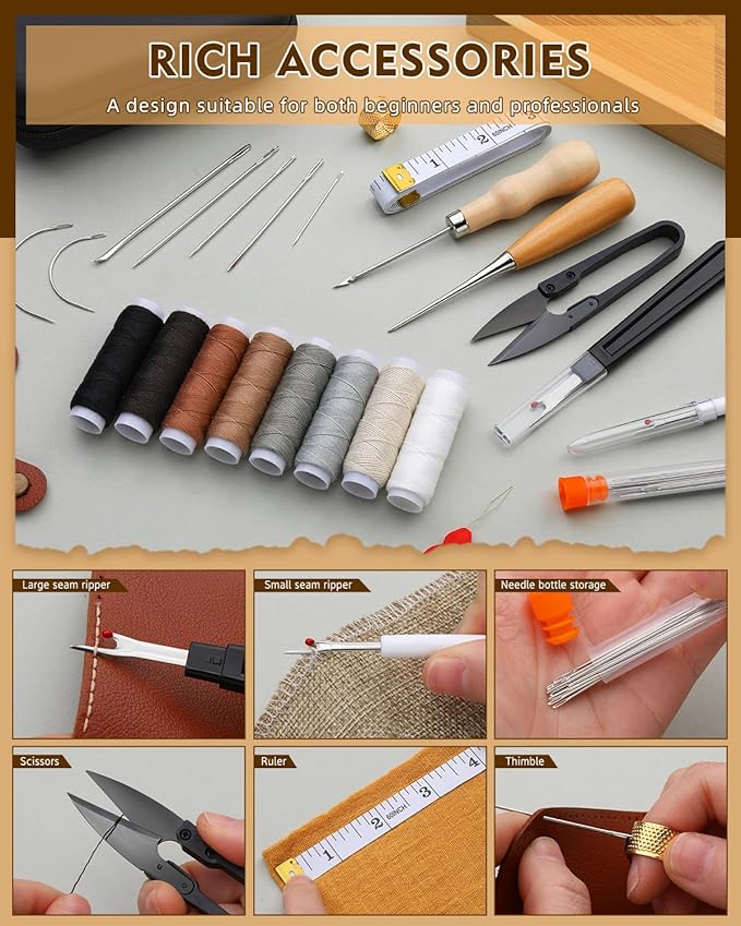 BAGERLA Upholstery Repair Kit, 50 Pcs Heavy Duty Sewing Kit with 8 Colors Thread 32 Pcs Upholstery Needles, Sewing Awls for Hand Stitching Car Sofa Shoe Backpack Craft DIY