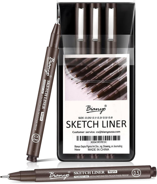 Bianyo Sepia Tone Art Pen Set, 5 Assorted Tips - Warm Pigment Ink Sketch Liner for Vintage Sketching, Nature Illustrations, and Elegant Calligraphy, Water-Resistant and Archival Quality