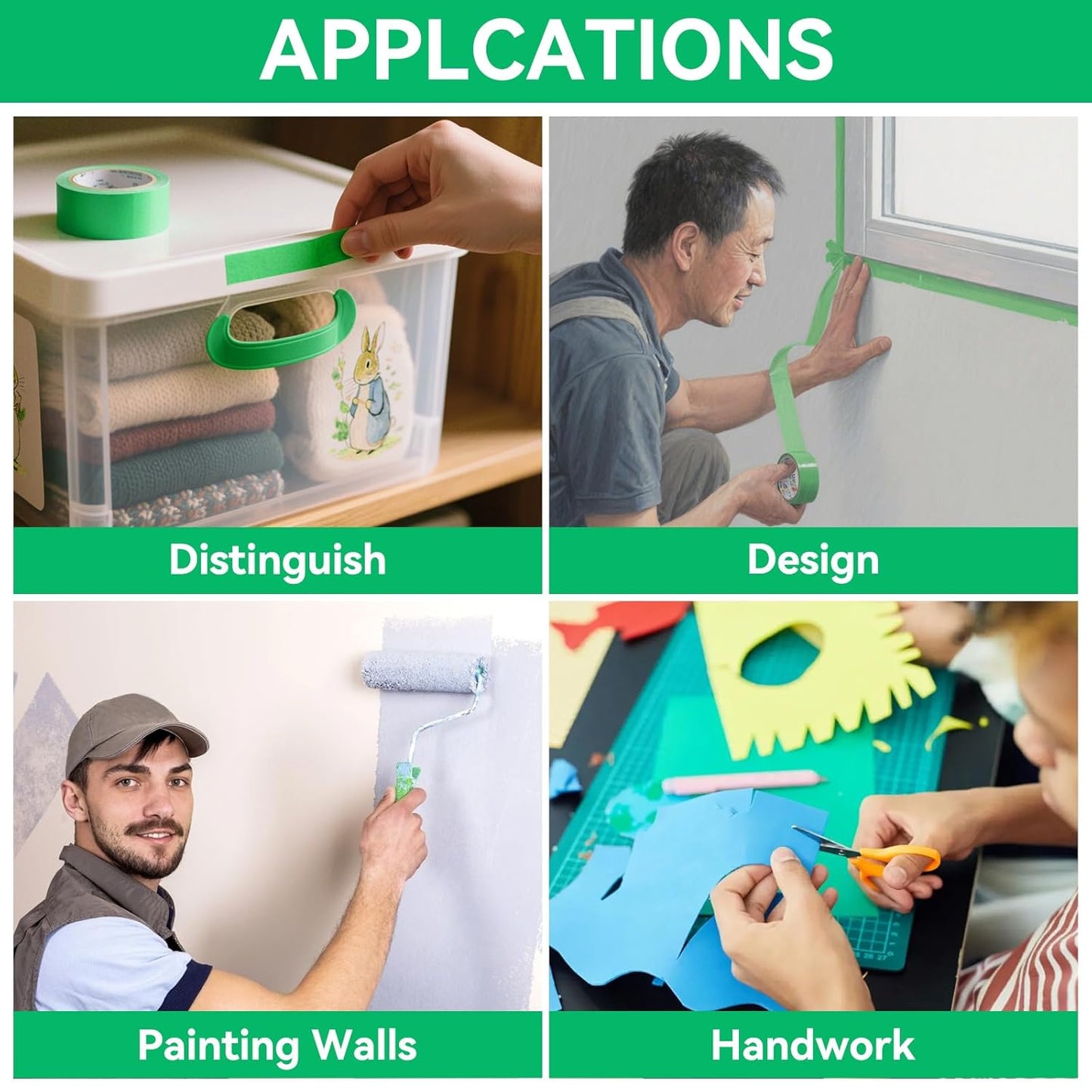 Premium Green Masking Tape,Painters Tape,Green Painters Tape For Automotive,Diy Paper Arts & Crafts, Spraying Drywall Paint, No Residue & Easy To Clean Up,6pcs 0.7inches X 54 Yd Painter's Tape