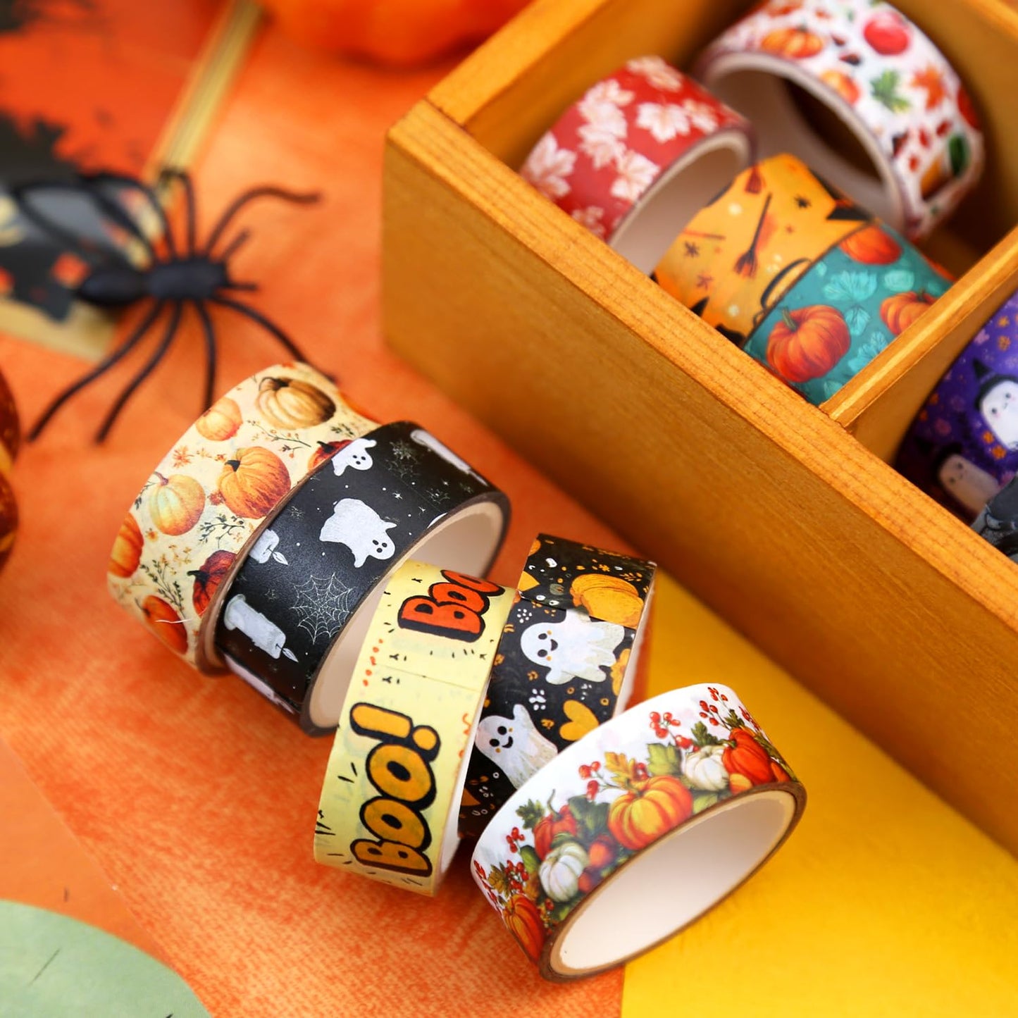 Halloween Washi Tape Set 16 Rolls, Fall & Spooky Decorative Tape, Autumn Washi Tape for Journaling, Crafts, Pumpkin Decor (0.6" x10 ft) - Autumn Leaves, Bats, Pumpkins, Vintage Horror