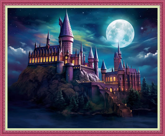 Disnesart Cross Stitch Stamped Full Embroidery Kits DIY 11CT Cotton Thread Printed DIY Needlepoint Kits Craft Needlework Set Cross-Stitch Stamped Sets-Moonlight Castle 16x20 inch