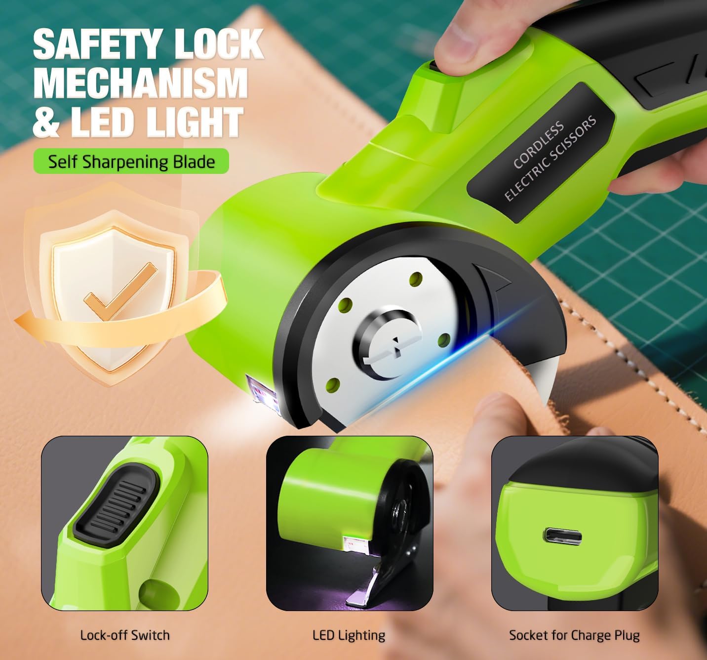 Cordless Electric Scissors：4V Rechargeable Cardboard Cutter, 3 Blades, Safety Lock & LED Light, Box Cutter for Carton Carpet Plastic Fabric Leather (Green)