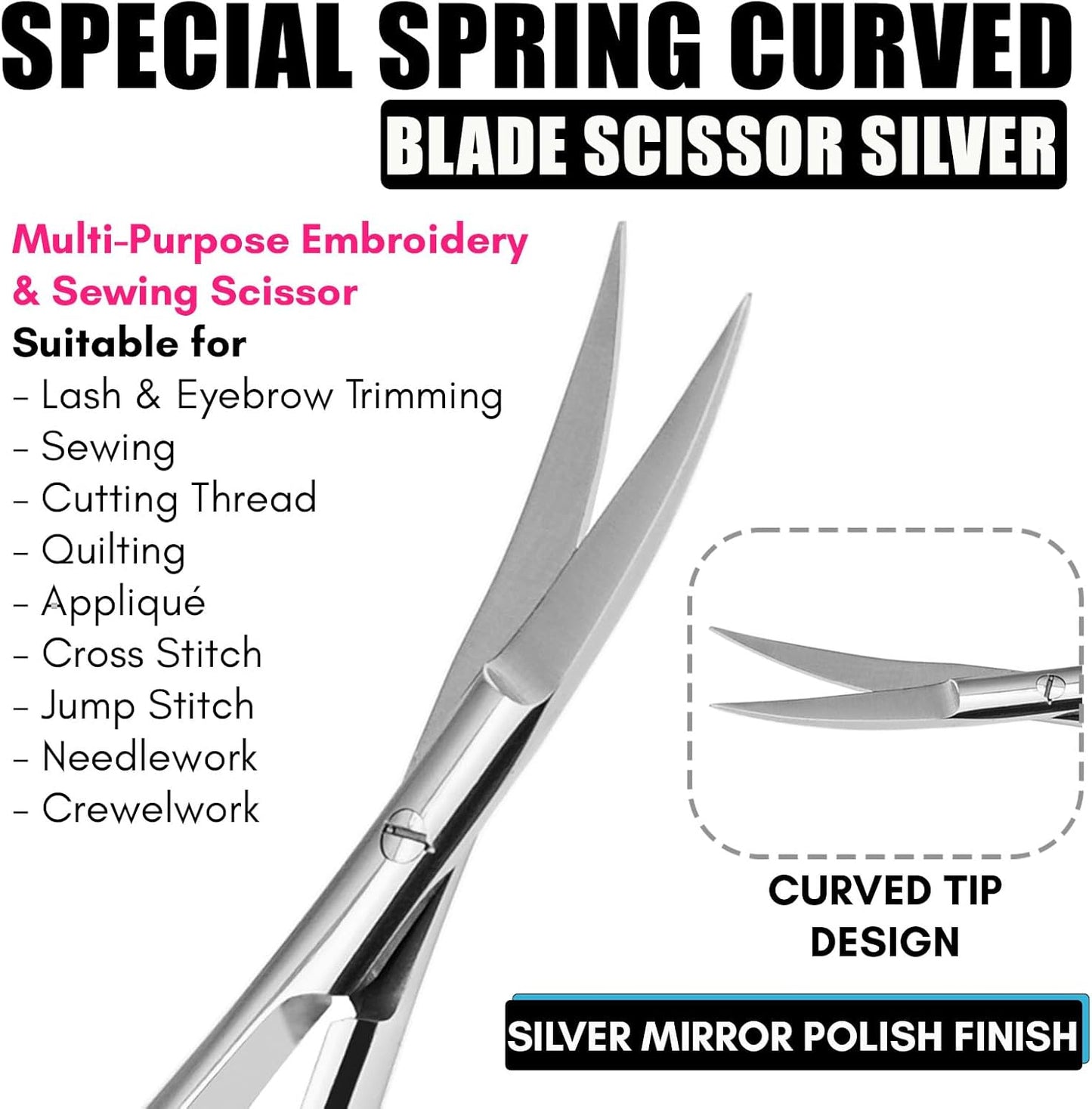 Cross Edge Curved Spring Scissors 5 Inch Stainless Steel Precision Eyebrow & Eyelash Shaping & Trimming Scissor, Snips Squeeze, Embroidery, Knitting Micro Tip Craft Scissors (Silver)