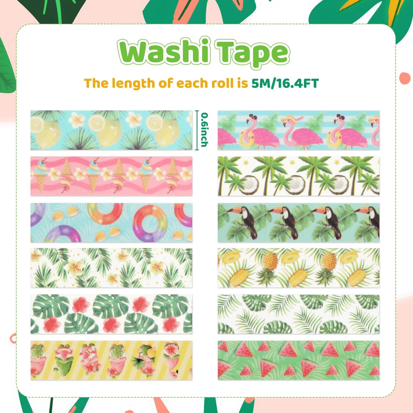 12 Rolls Fruits Washi Tapes, Hawaiian Leaves Cactus Masking Tapes, Colorful Fruits Decorative Adhesive for Scrapbook Journals DIY Craft Gift Wrapping Birthday Thanksgiving Christmas Party Decor 16.4Ft