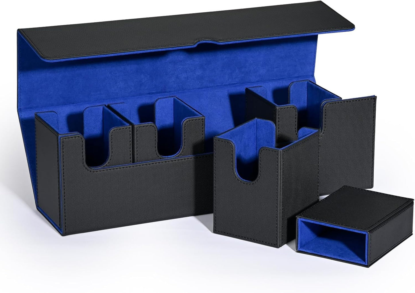 Card Deck Box with Dice Tray for MTG, 5 in 1 Card Deck Case Holds 800+ Unsleeved Cards, Strong Magnet Organizer Compatible with Yugioh TCG Sports Cards (Black Blue)