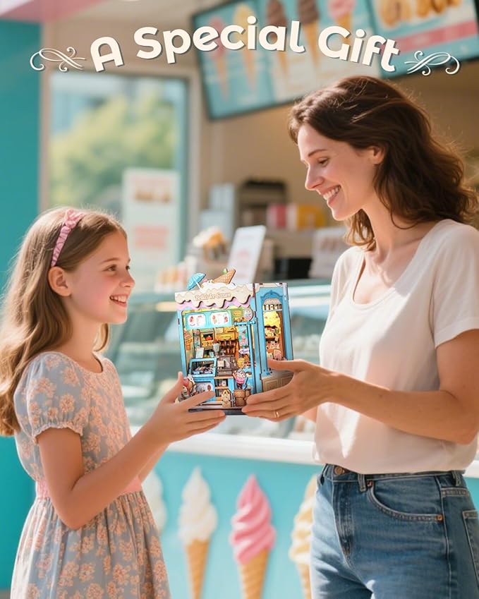 CUTEBEE Book Nook Kit, DIY Miniature House Kits for Adult and Teens, Dollhouse Booknook Tiny House, Bookshelf 3D Wooden Puzzle, DIY Craft Gifts for Family and Friends (Bella's Ice Cream)
