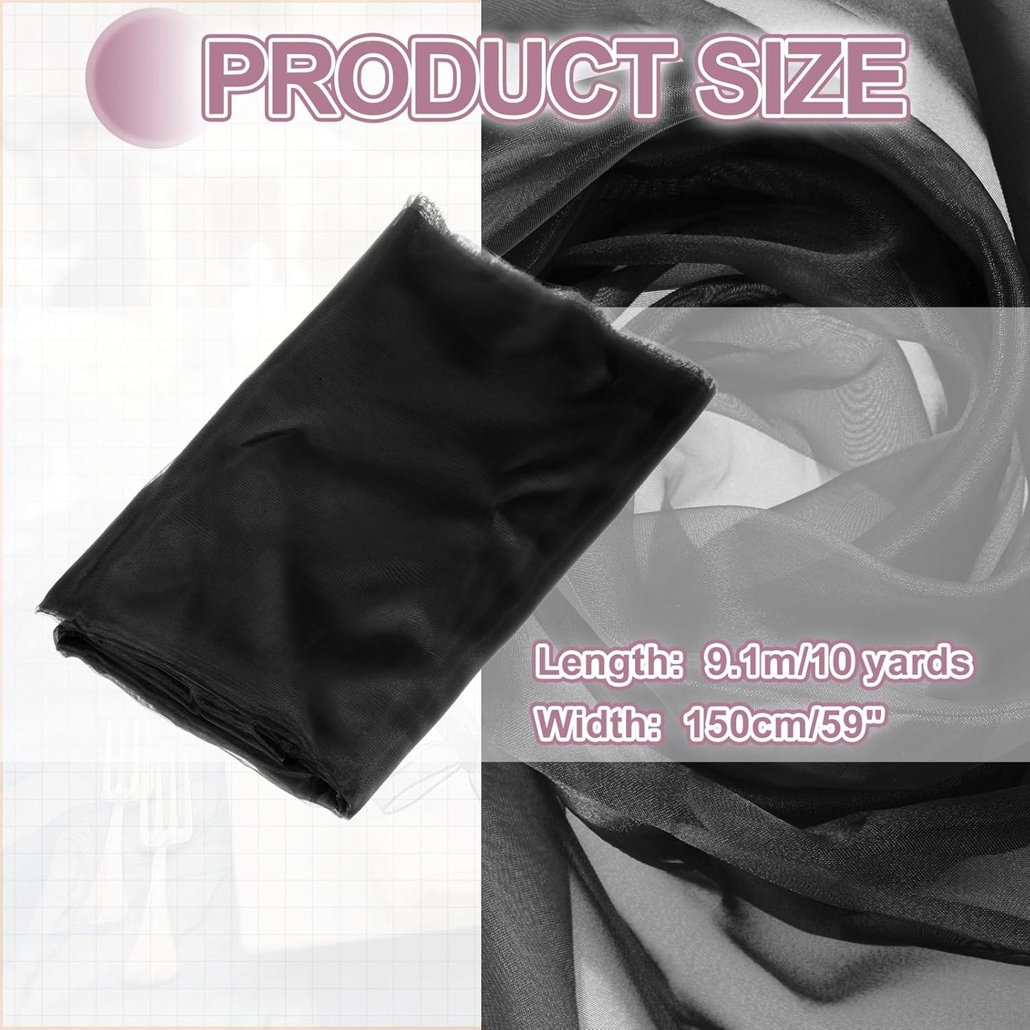 MECCANIXITY Iridescent Sheer Organza Fabric, 10 Yards x 59 Inches Solid Holographic Shiny Fabric Organza Cloth for Wedding, Curtains, Costume, Photo Background, Black