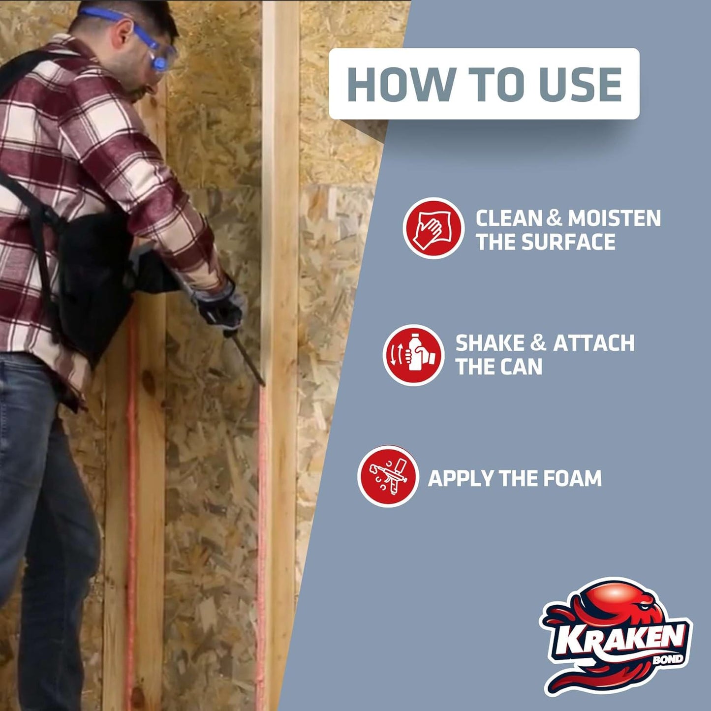 KRAKEN BOND Drywall & Panel Adhesive Foam - (12x24oz) Heavy-Duty, Fast-Curing Construction Adhesive for Concrete, Wood, and Heat Insulation Applications - Gun&Gun Cleaner Set