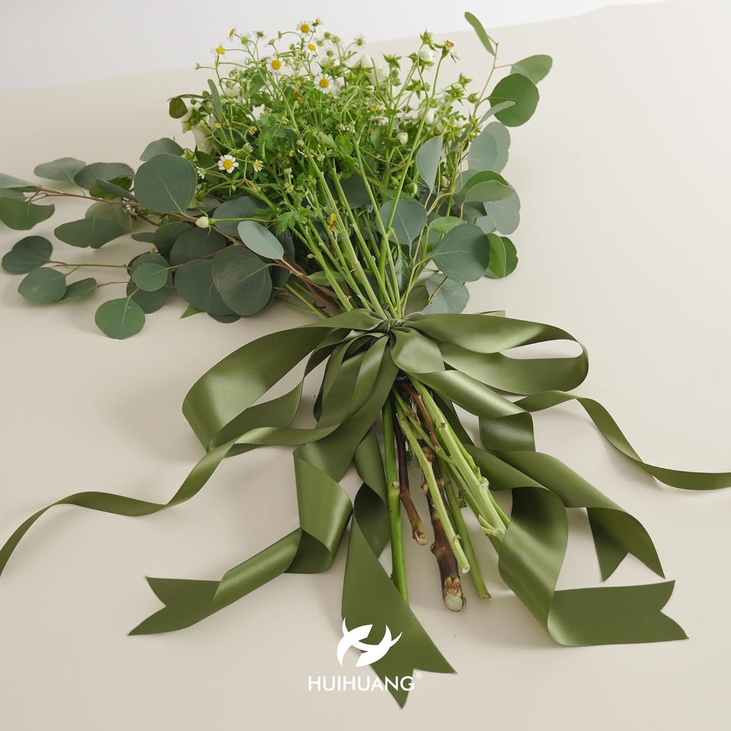 HUIHUANG Moss Green Satin Ribbon 1/2 inch X 50 Yards Continuous, Green Double-Faced Satin Ribbon for Gift Wrapping, Bows, DIY Crafts, Flower Bouquet, Wedding Bridal Shower Decor