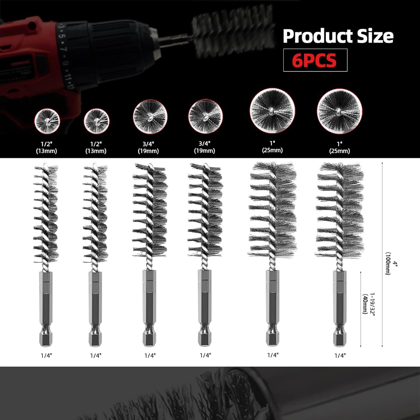 ASNOMY 6Pcs Wire Bore Brush for Drill,1/2” 3/4” 1” Stainless Steel Copper Pipe Cleaner Set for Power Drill Cleaning,Abrasive Drill Wire Brush with 1/4" Hex Shank