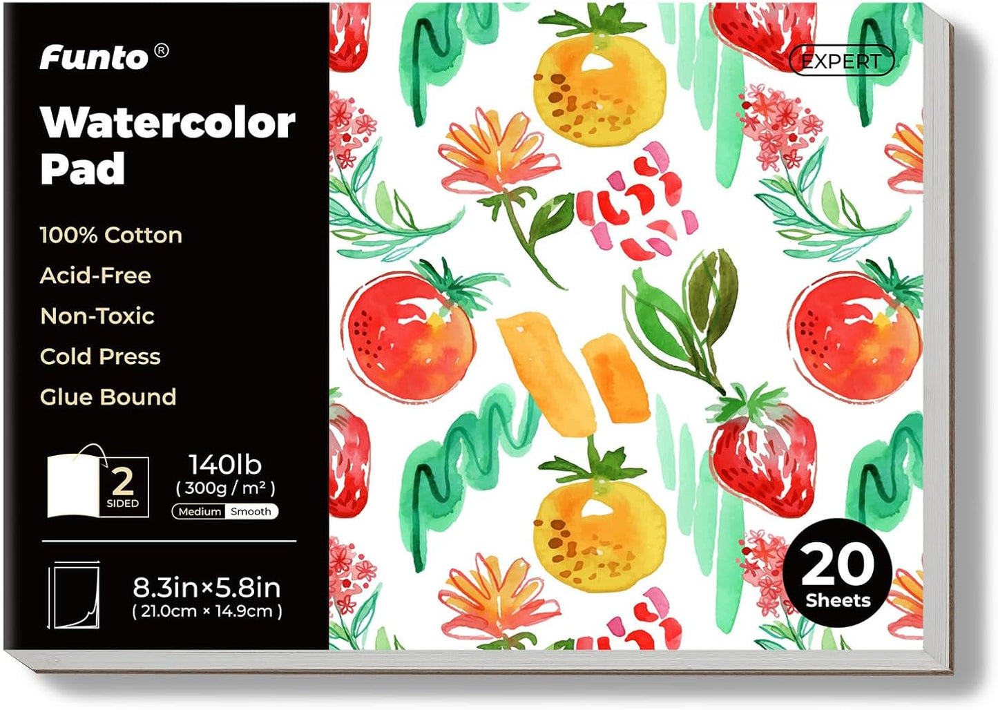 Funto Watercolor Pads, 100% Cotton, 20 Sheets, 8.3X 5.8”, 140lb/300gsm, Glue Bound, Double-Sided, Easy Tear Heavyweight Art Paper for Painting