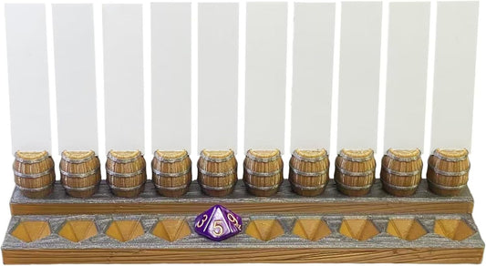 Initiative Tracker with 10 Barrel Slots, Erasable Name Tags, and Dice for Tracking Order. Ideal for DND and Other TTRPGs Brown with Silver