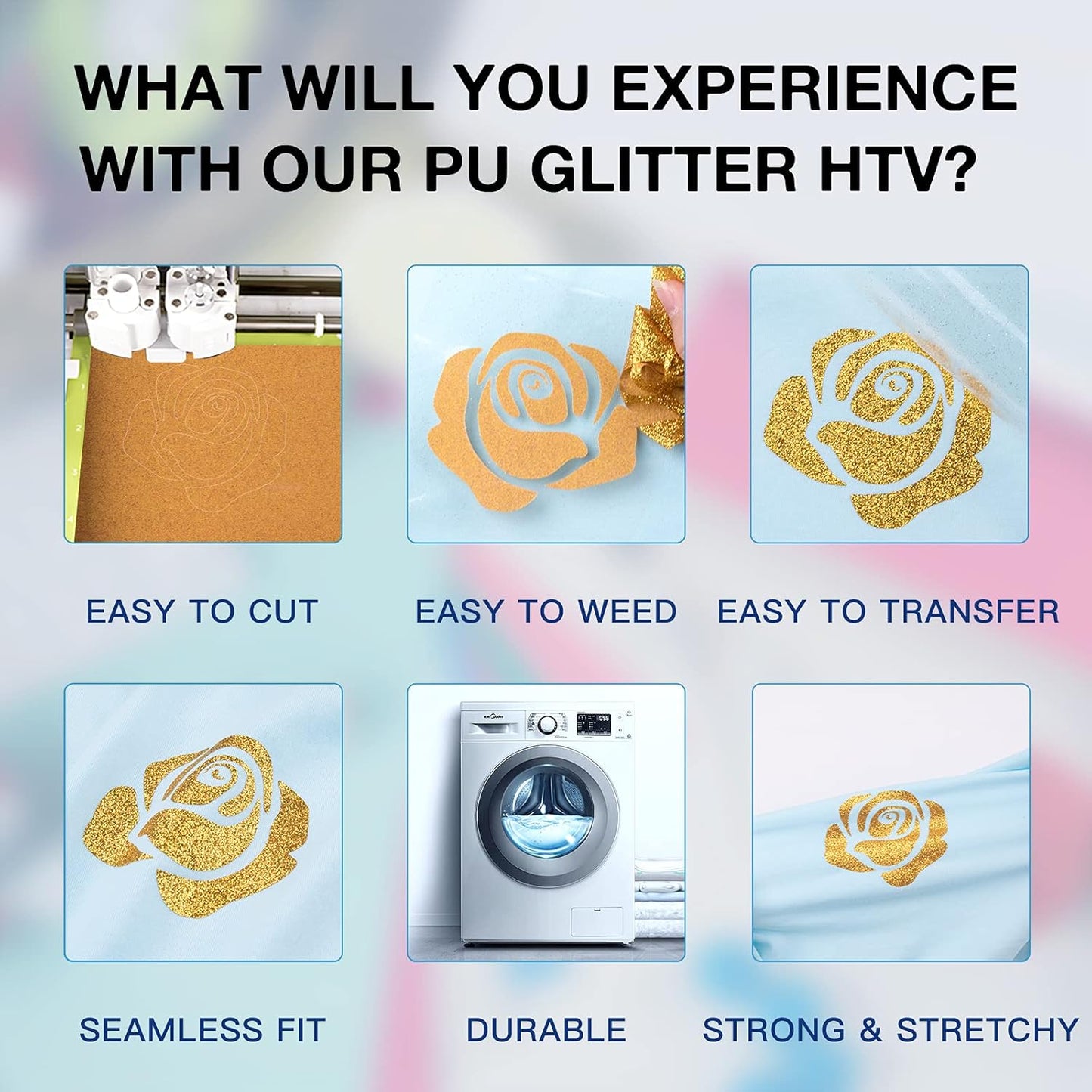 HTVRONT Gold Glitter HTV Heat Transfer Vinyl Rolls - 10" x 8ft Gold Glitter HTV Vinyl for Shirts, Glitter Iron on Vinyl for All Cutting Machine - Easy to Cut & Weed for Heat Vinyl Design (Gold)