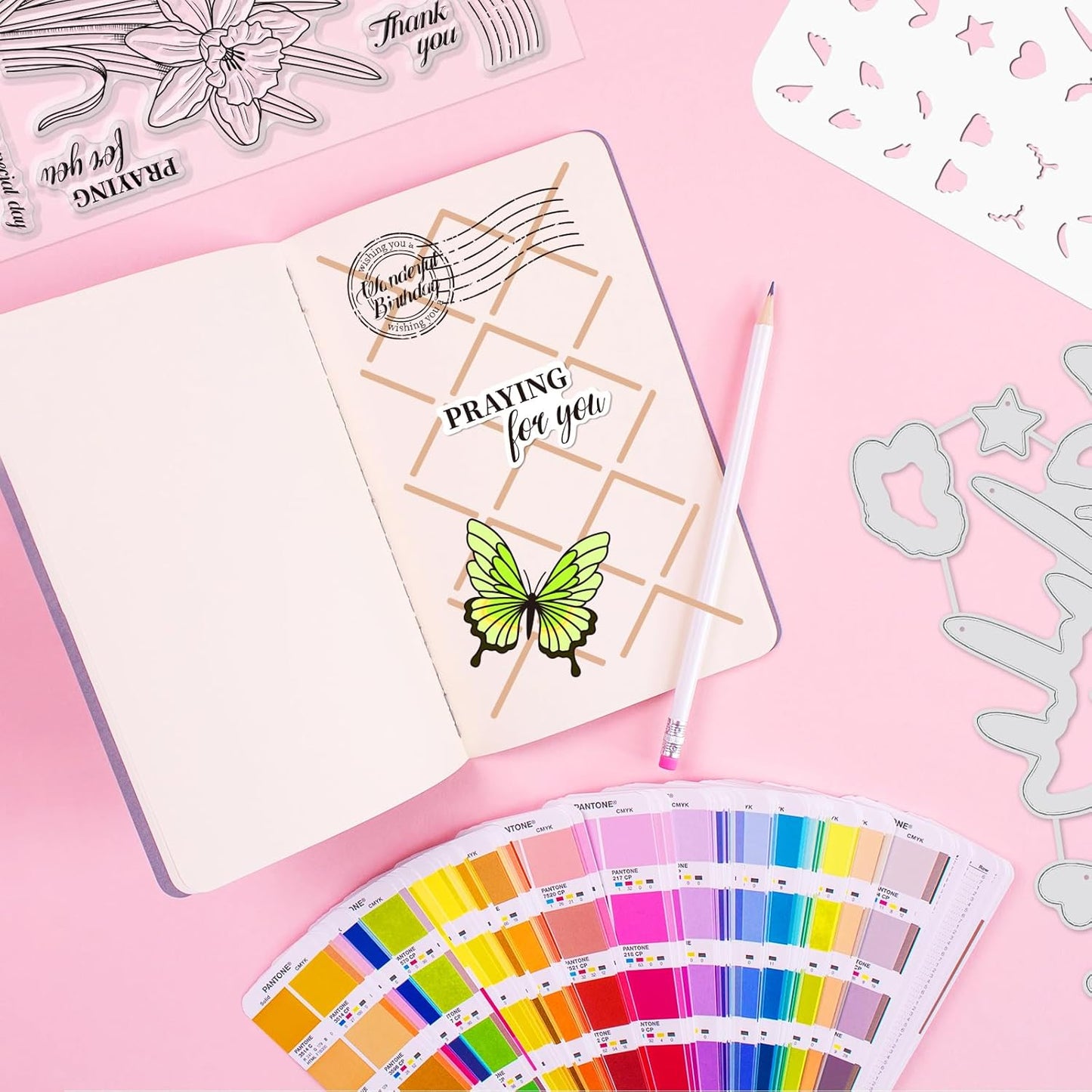 ORIGACH Realistic Daffodil Flower Stamps and Dies and Layering Coloring Stencil Set, Silicone Stamps Metal Die Cut and Flower Stencil Template for Card Making Scrapbooking DIY Crafting